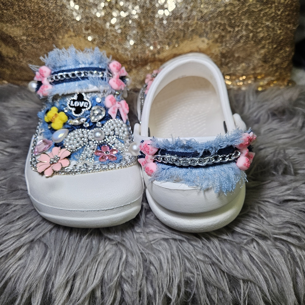 CROCS White Mules with Pink and Blue Embellishments - Picture 2 of 5